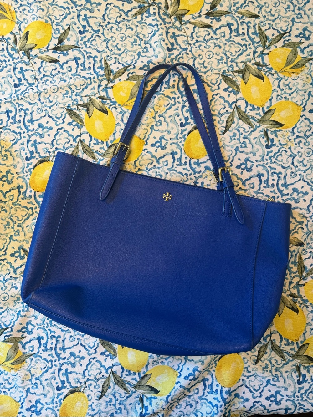 Tory Burch Cobalt Blue Leather Tote with Gold Logo